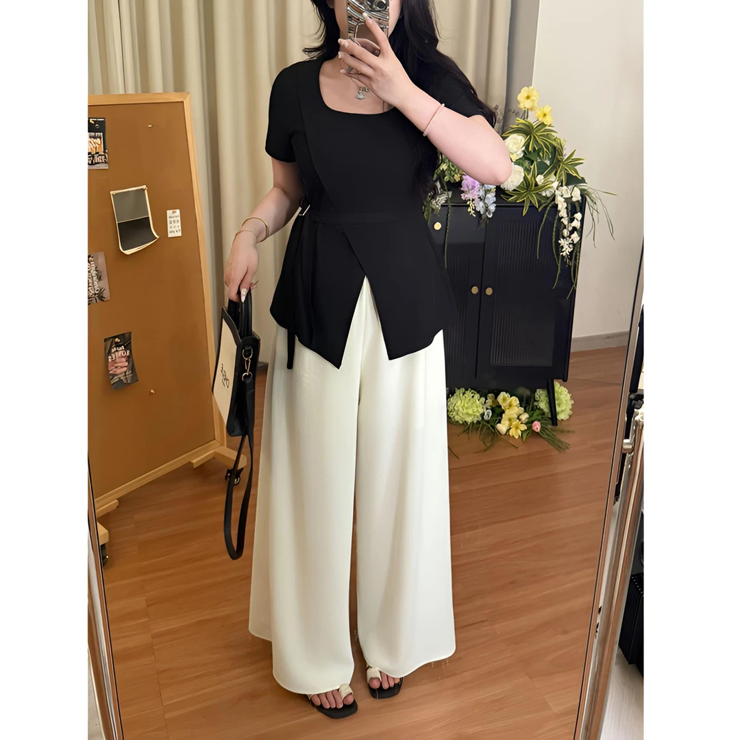 胖MM夏季新款时尚宽松设计感百搭显瘦高腰休闲微透阔腿微弹裤裙