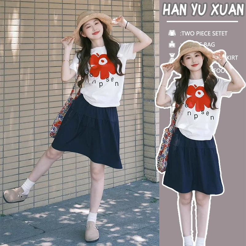 孕妇装圆领t恤夏季红花字母印花休闲短袖上衣小个子减龄半身裙韩