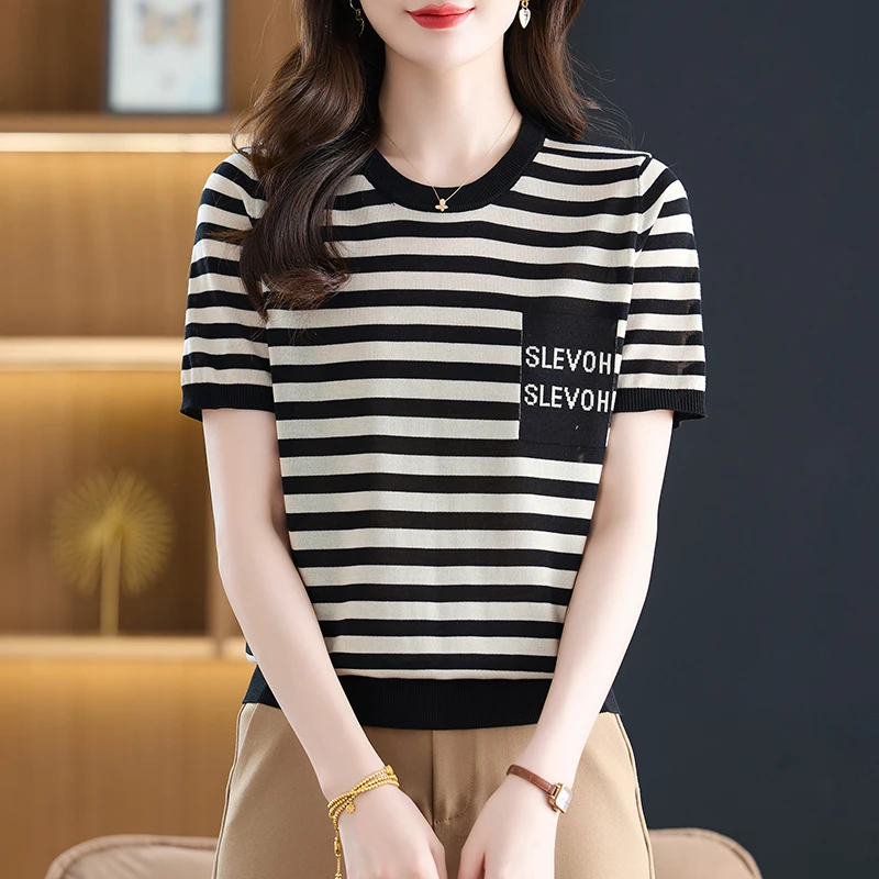 夏季清凉100%天丝莱赛尔镂空透气气质宽松短袖T恤衫薄款