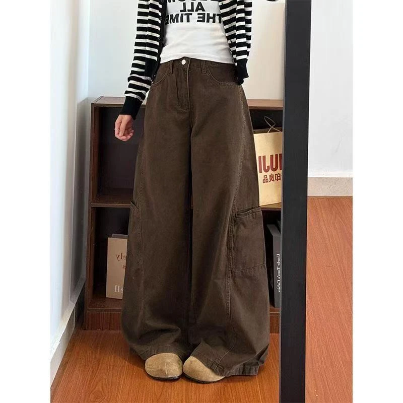 【现货+运费险】咖色美式高腰阔腿牛仔裤女辣妹宽松显瘦拖地长裤子