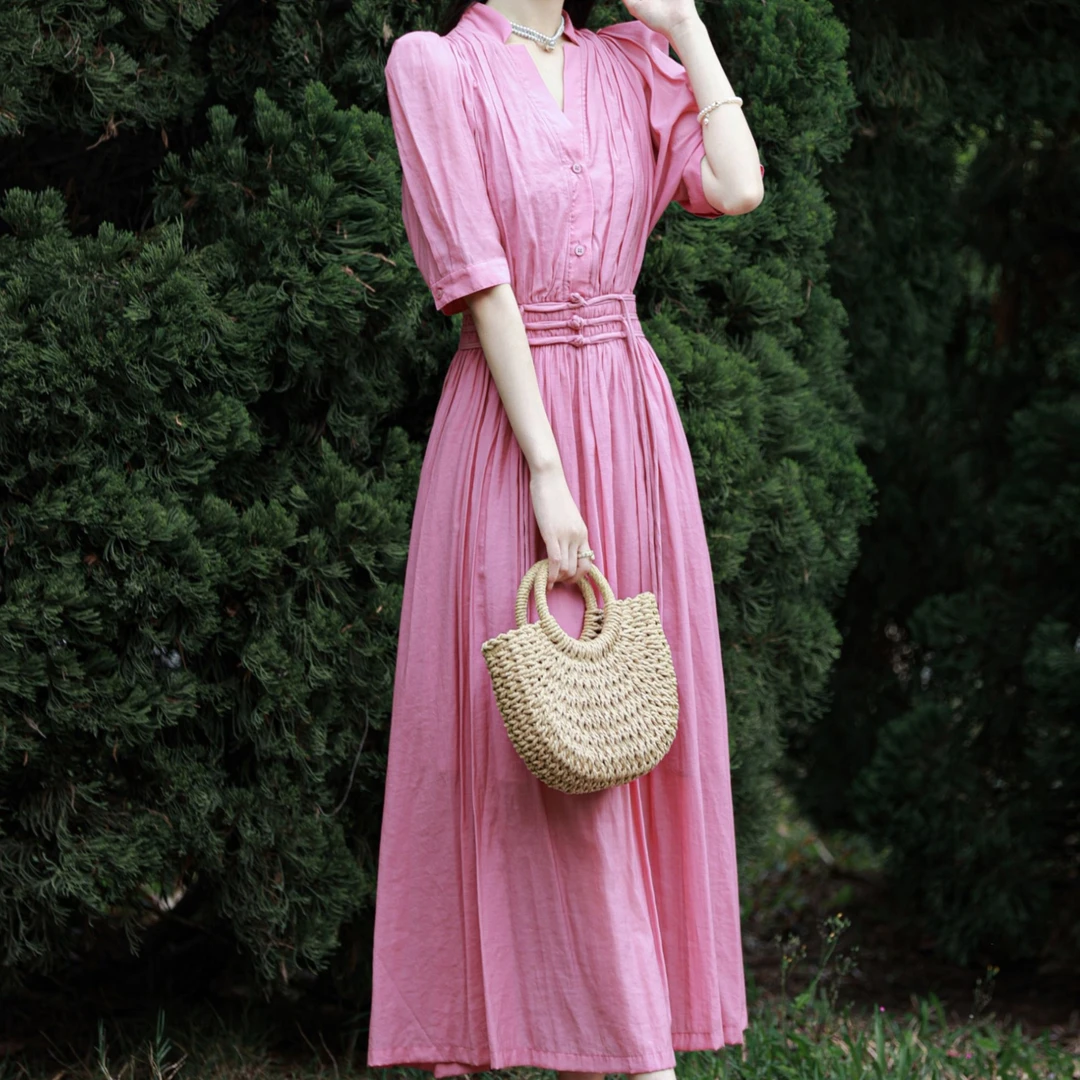 现货2025夏季新款【如约而至】气质优雅复古小众收腰国风纯色连衣裙