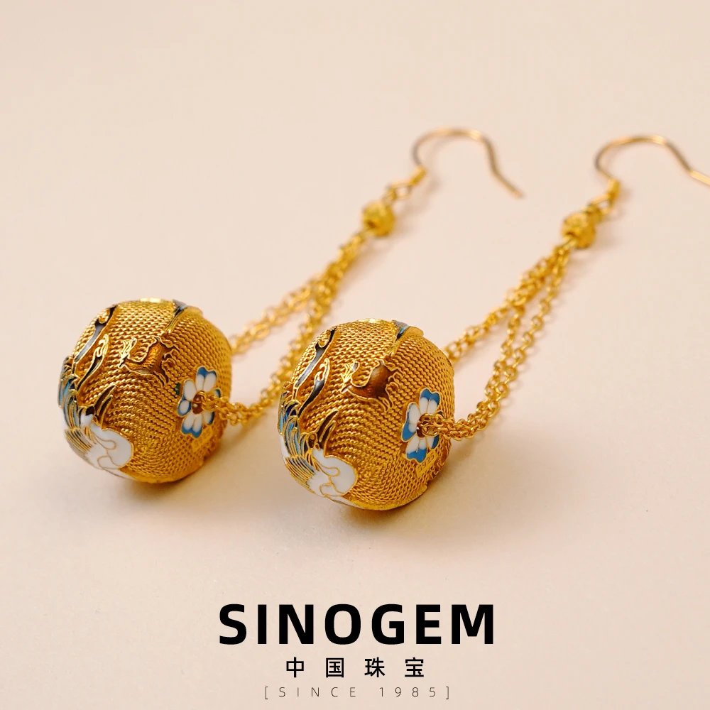 中国珠宝 925银珐琅耳饰 掐丝鹤鹿同春桶珠耳环古风精美气质耳勾