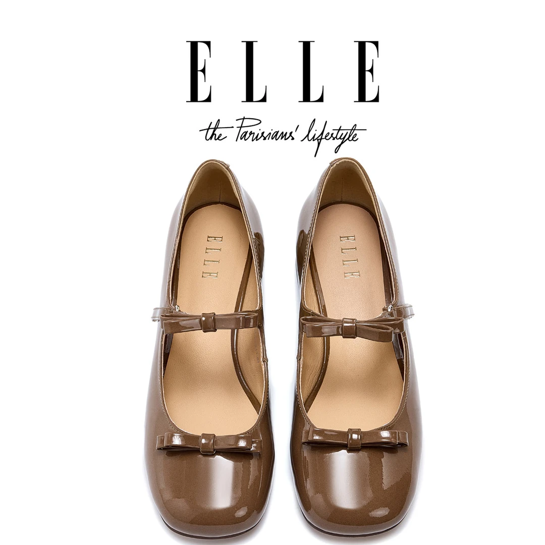 ELLE小香风羊皮高跟鞋女粗跟蝴蝶结百搭小皮鞋通勤一脚蹬玛丽珍鞋