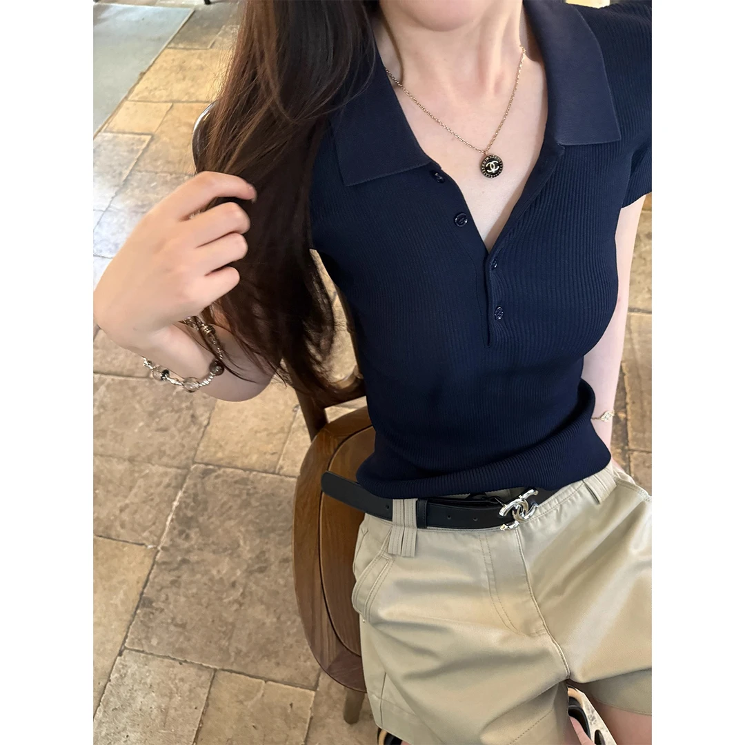 韩版气质POLO领百搭显瘦藏青色针织衫女夏季半开领系扣气质上衣薄