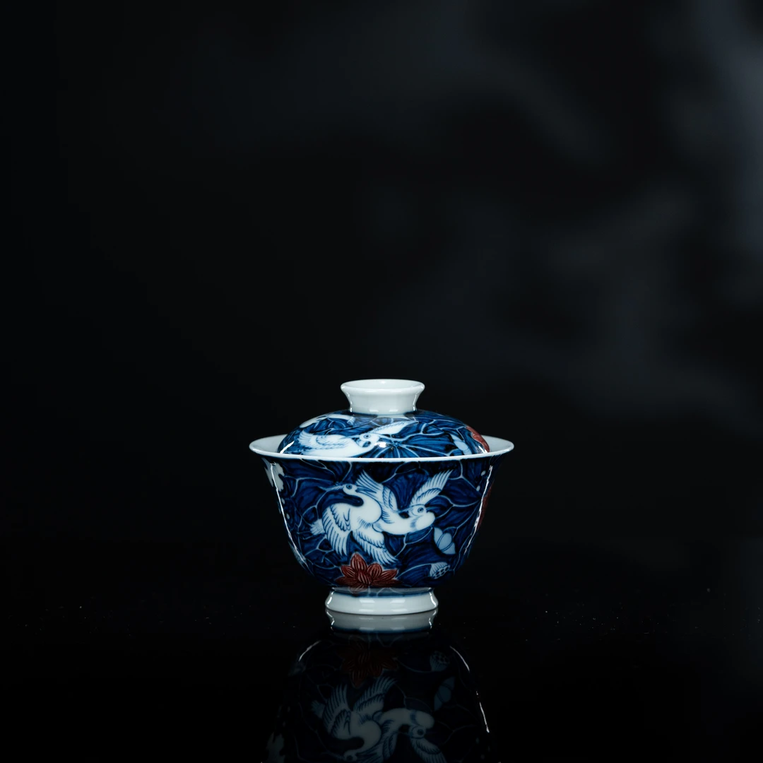 屹朴 青花釉里红一路莲科盖碗125cc 景德镇瓷器