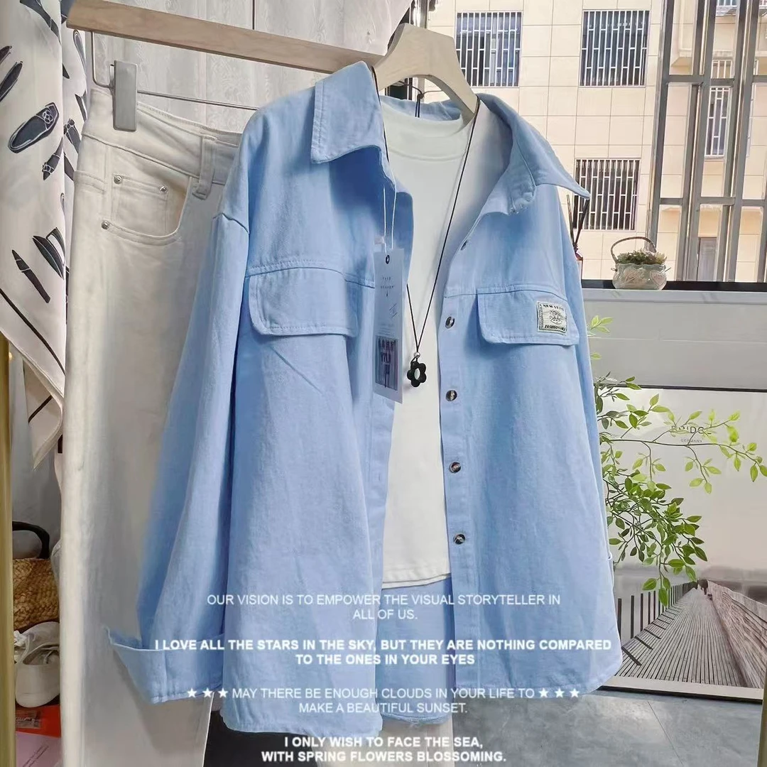 港风复古慵懒风宽松牛仔衬衫外套女春夏新款洋气休闲百搭长袖衬衣