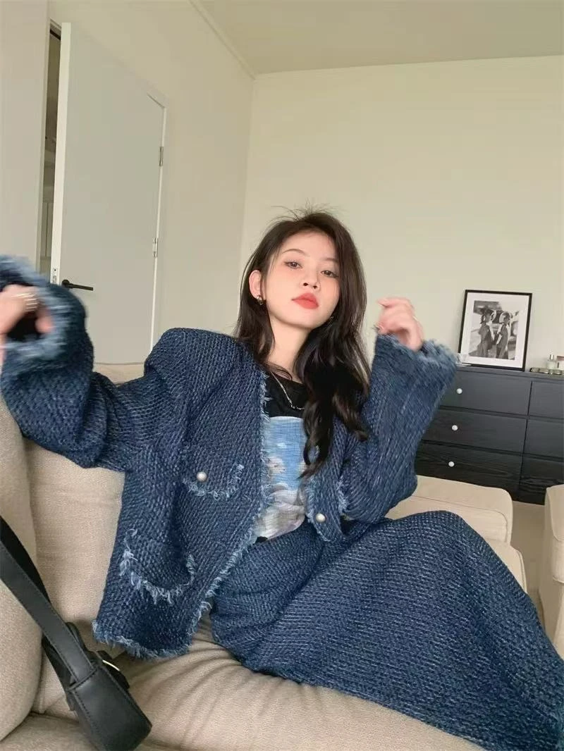 《现货》牛仔套装女减龄2024新款韩版上衣+裙子两件套3085