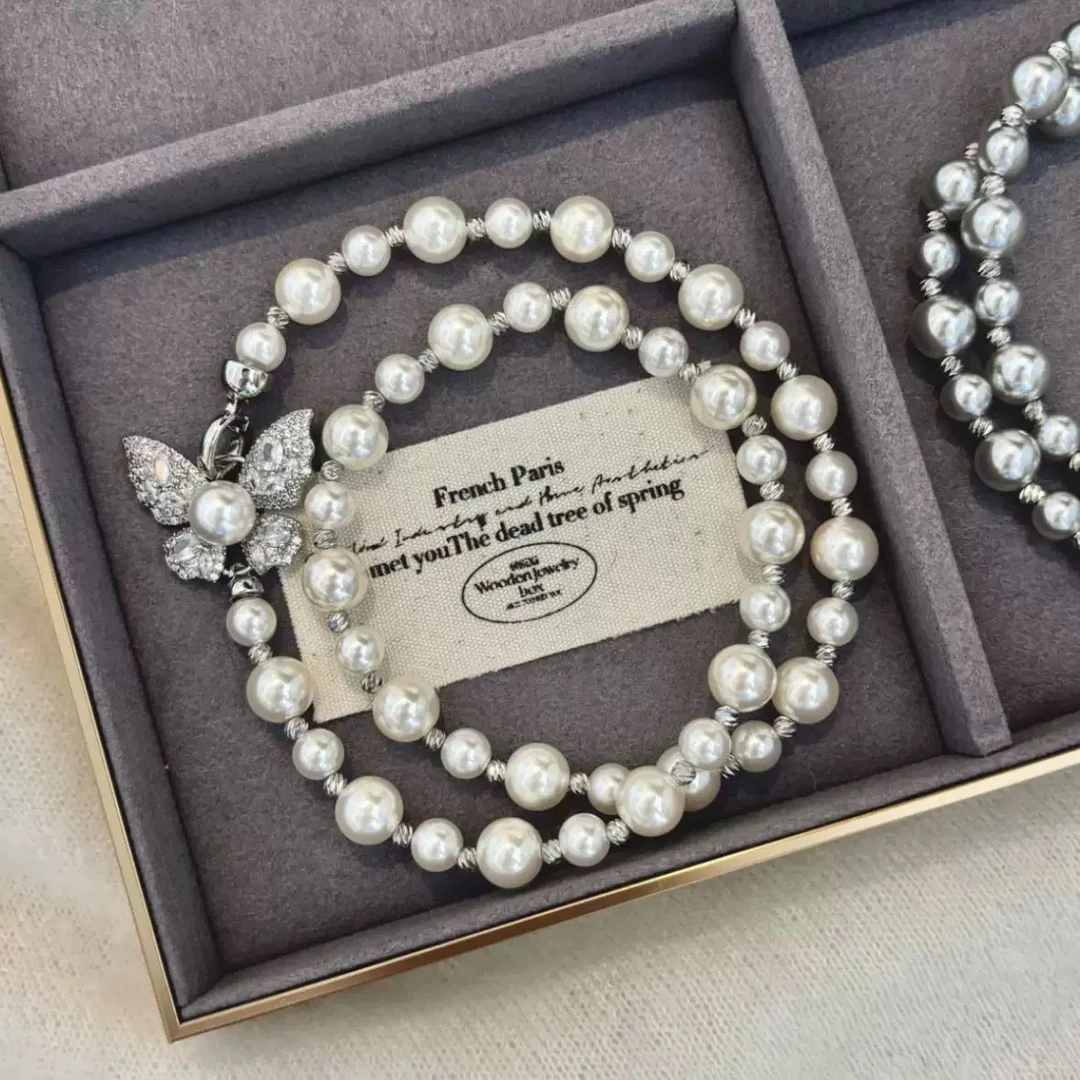 铜吊坠 蝴蝶施家珍珠项链耳饰轻奢高级感精致锁骨链时尚套装