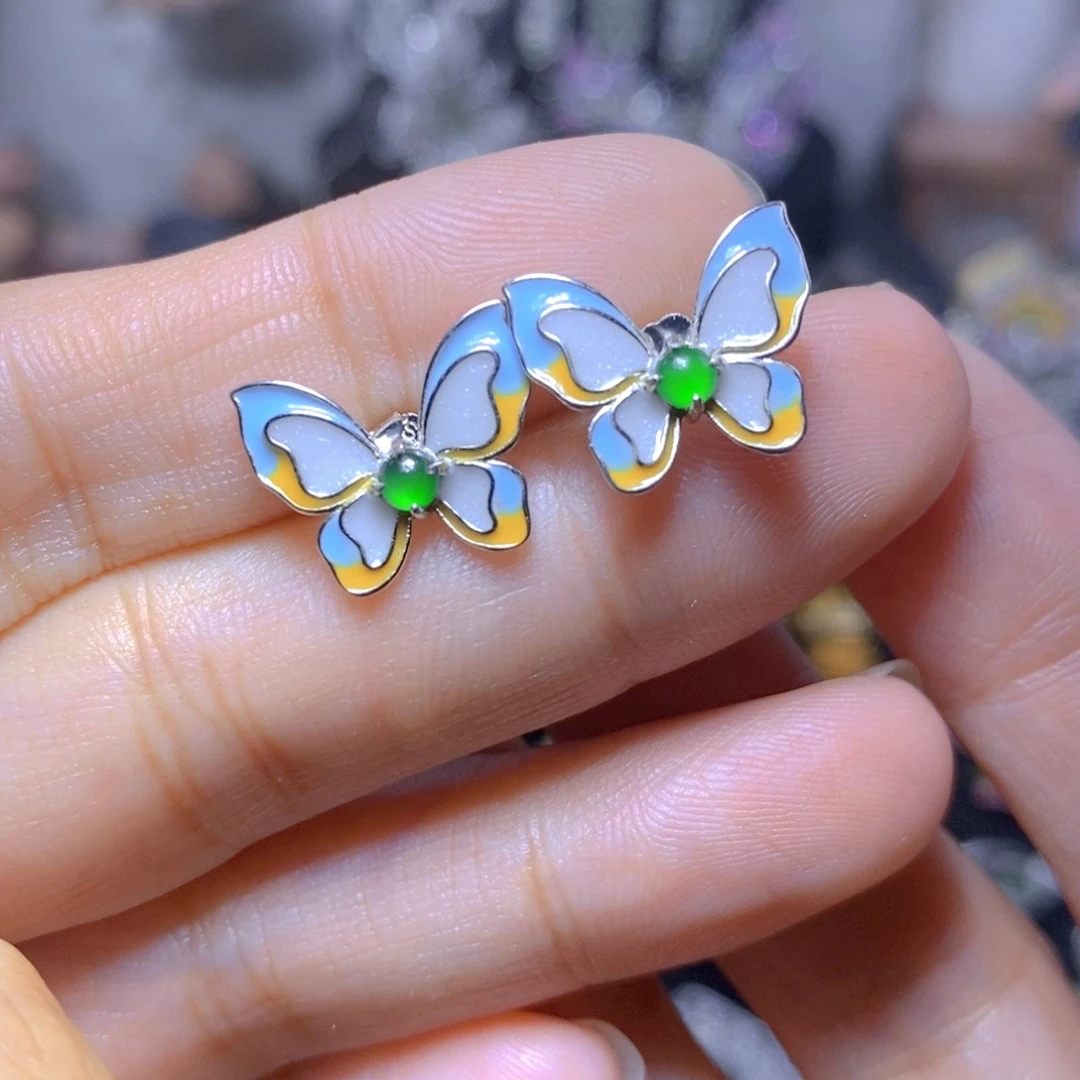 翡翠银S925镶嵌耳饰天然翡翠