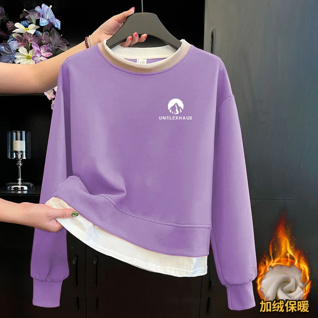 撞色拼接圆领卫衣2025女款秋冬简约小众百搭大码假两件设计感华棉