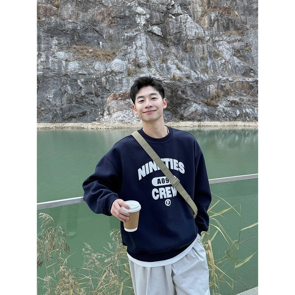 300斤大码字母圆领卫衣男生秋季2025新款上衣休闲宽松百搭简约潮