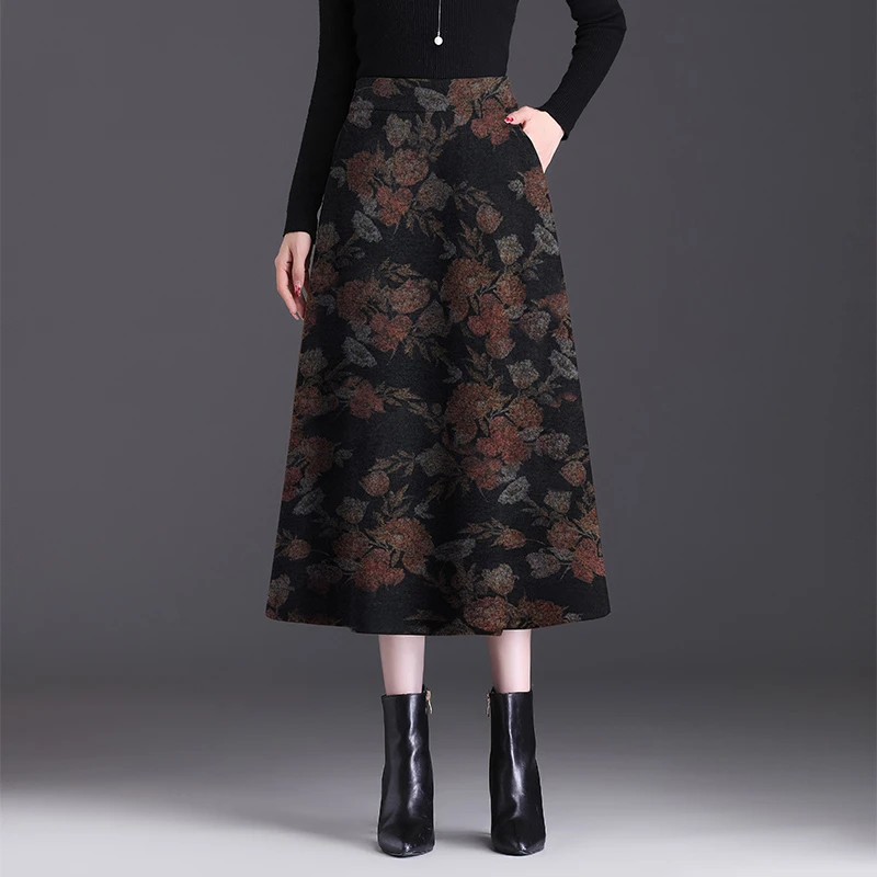 印花半身裙秋冬季中长款A字裙高腰显瘦裙子气质复古毛呢大摆裙女