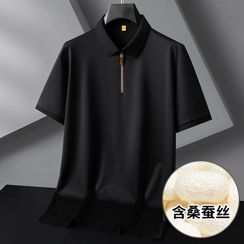 轻奢大码男夏季薄款短袖POLO衫桑蚕丝免烫加肥加大商务拉链体恤衫