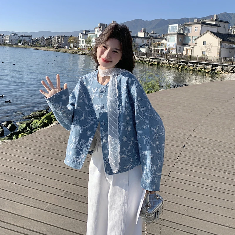 高级感时尚重工网纱刺绣长袖外套女开春季新款配飘带宽松气质上衣