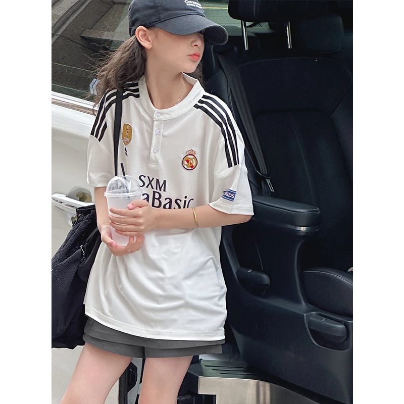 K29193拉条女童运动短袖T恤2025新款夏装儿童休闲洋气上衣宽松潮t