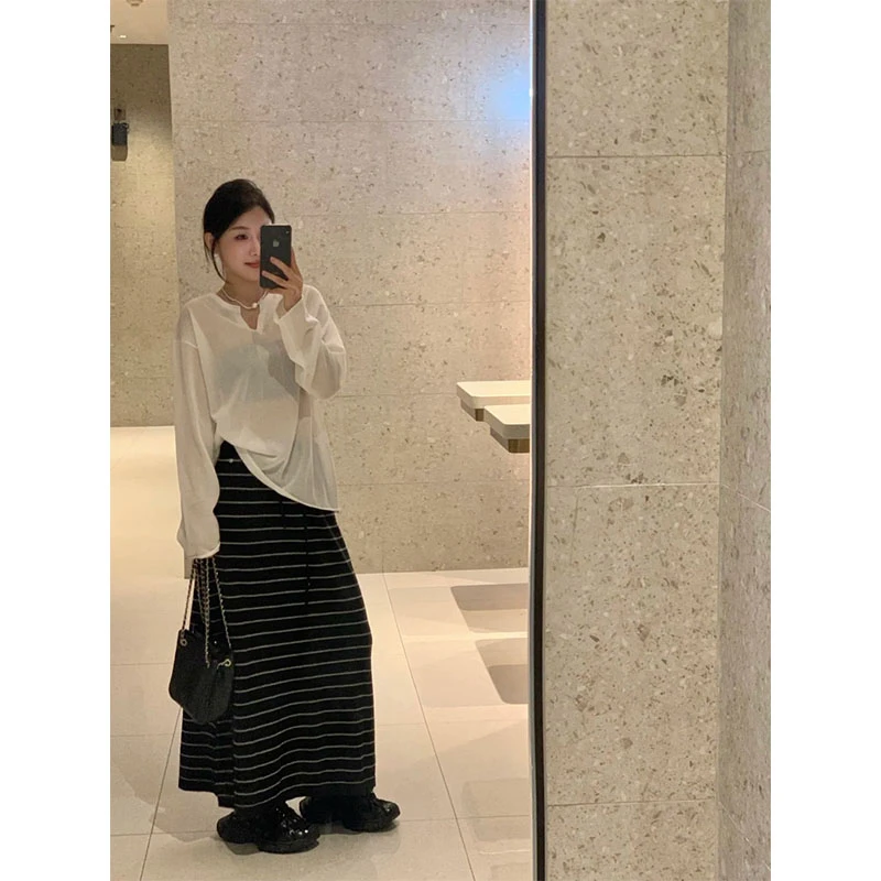 韩系轻熟风休闲百搭洋气小众长袖罩衫T恤上衣高腰条纹半身裙套装