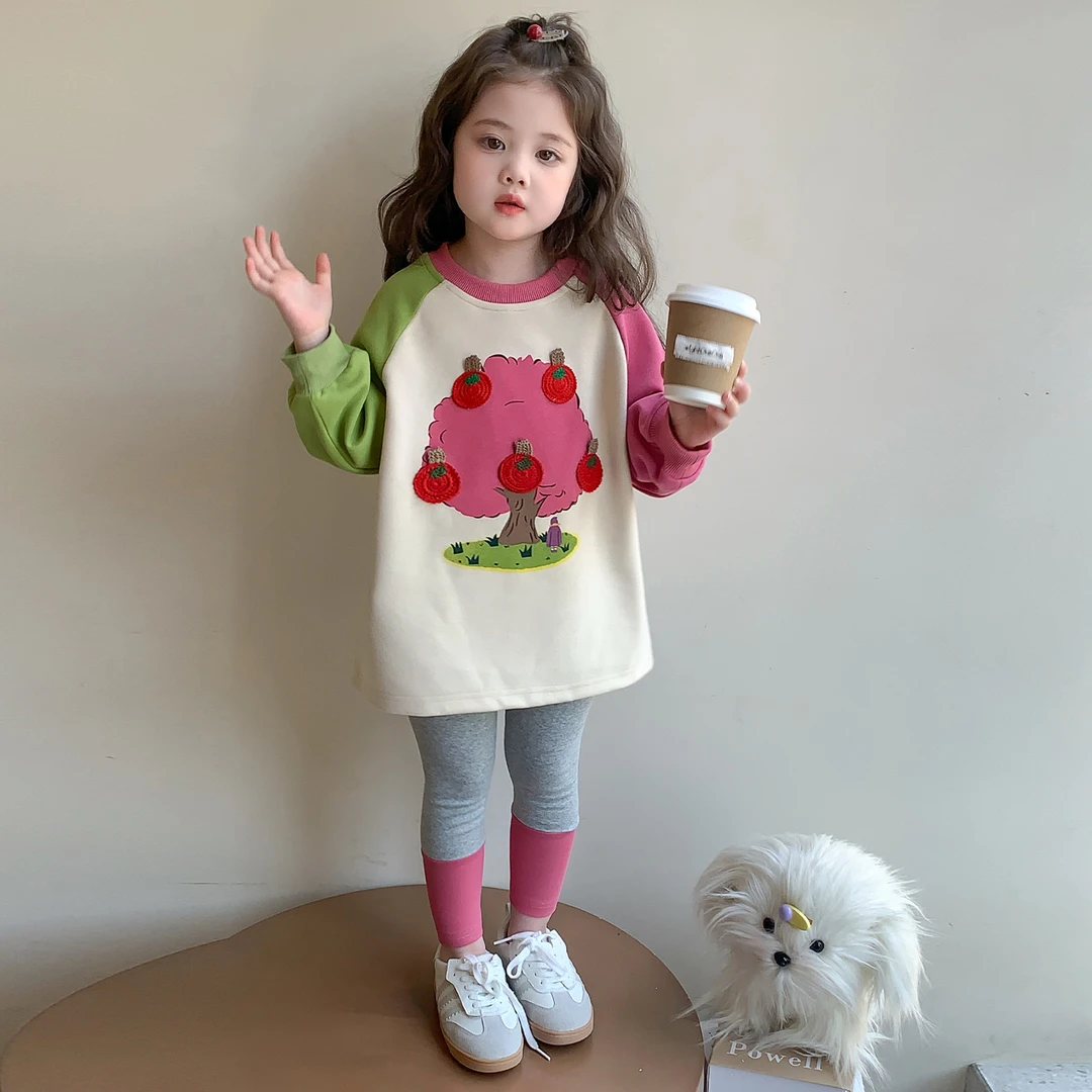 女童秋装套装2025秋季新款儿童巨好看苹果树卫衣打底裤宝宝两件套