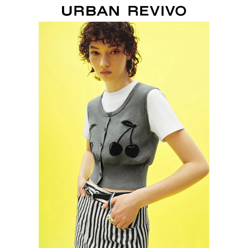 UR2025秋季新款女装撞色拼接假两件短袖针织衫UYU950110