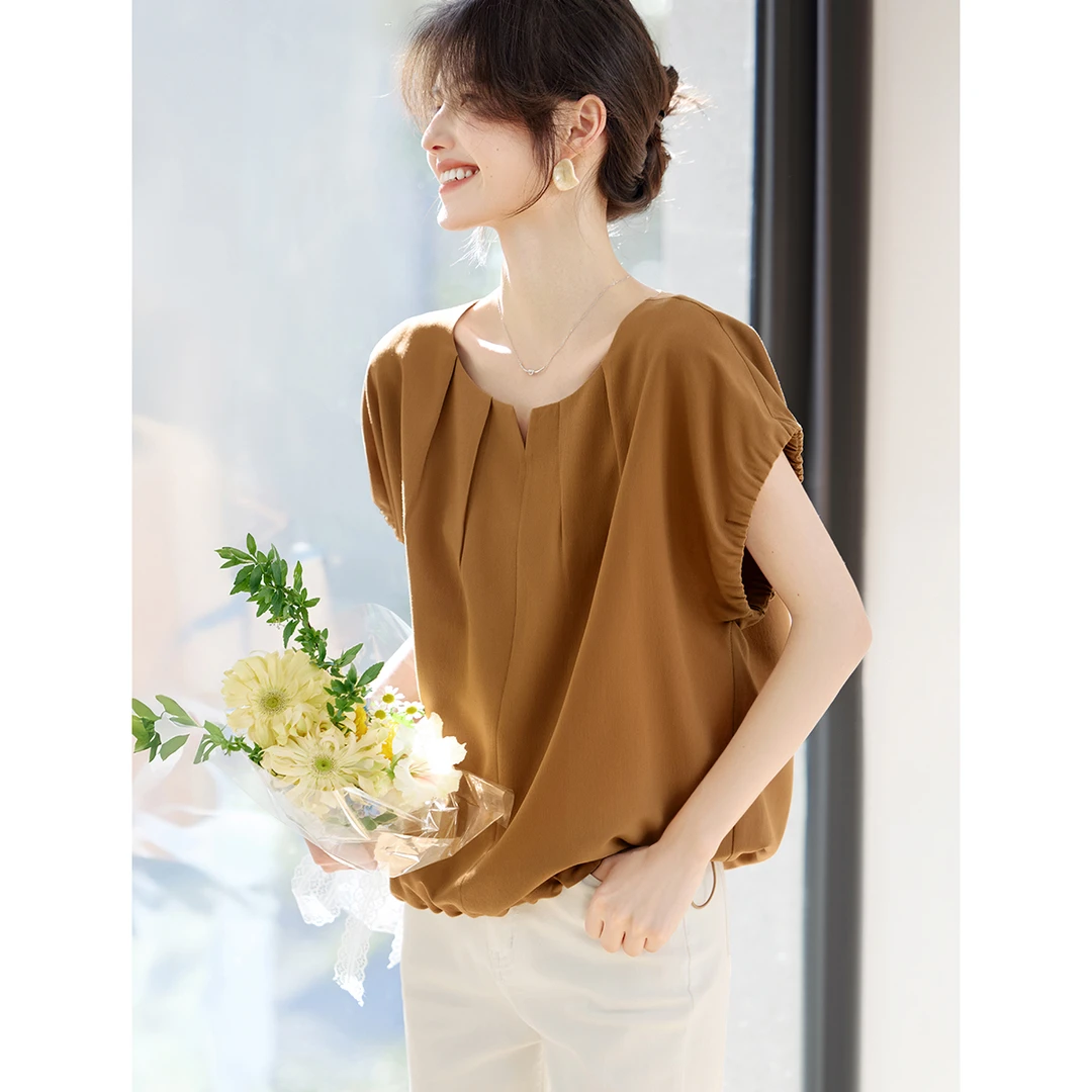 XWI/欣未2025年夏季新款时尚简约气质法式灯笼袖设计感短款衬衫女