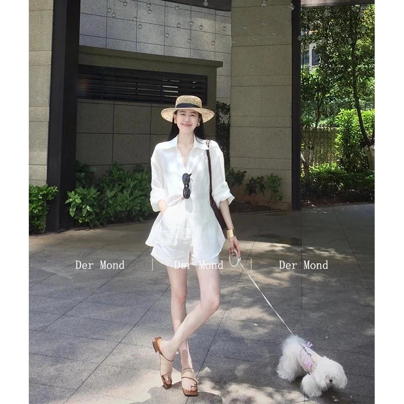 松弛感老钱风套装女2025夏季简约高级感白色衬衫宽松显瘦短裤气质