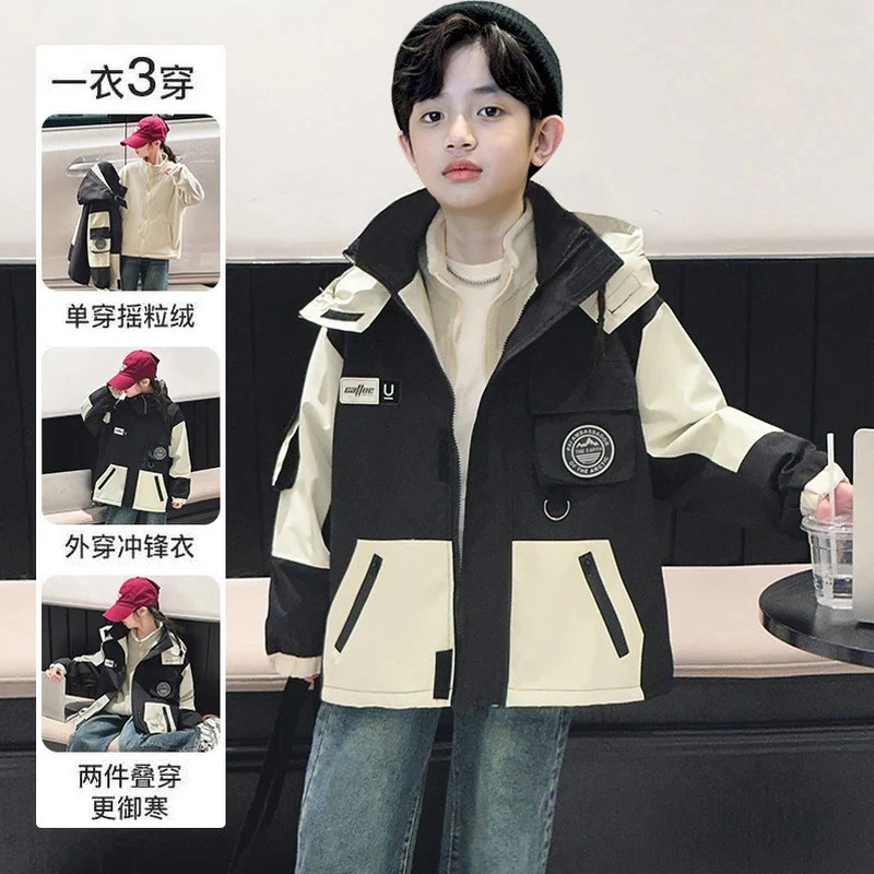 安踏联名GIOIO男童冲锋衣两件套秋冬儿童加棉加厚绒可拆卸外套三