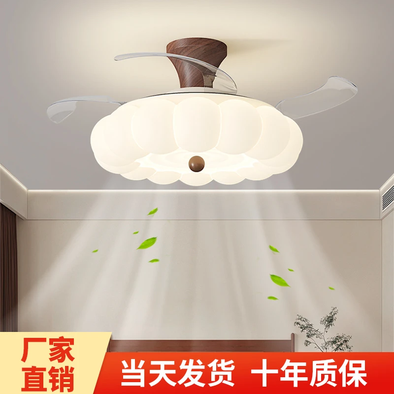 中古风扇灯2025新款隐形奶油风卧室风扇灯吸顶灯餐厅电扇一体灯具