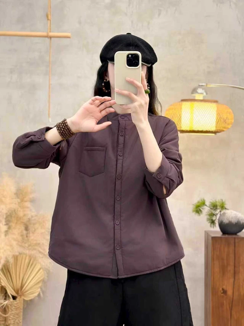 立领纯棉夹棉文艺复古长袖衬衫女宽松开衫外套棉质感米白色衬衣