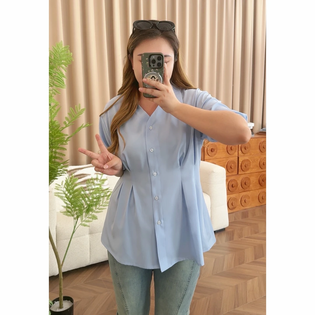 胖妹妹夏季大码显瘦收腰短袖衬衣翻领女装衬衫