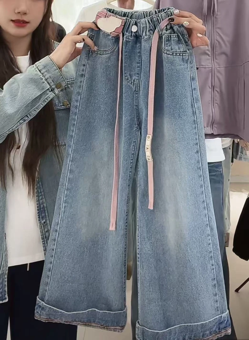 【丫丫童品】2025春季新款女中大童腰头粉标牛仔裤童装A257