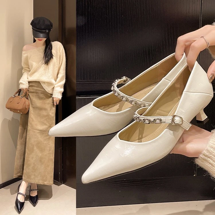 尖头小猫跟玛丽珍新款高跟鞋女2025春秋细跟一字扣真软皮浅口单鞋