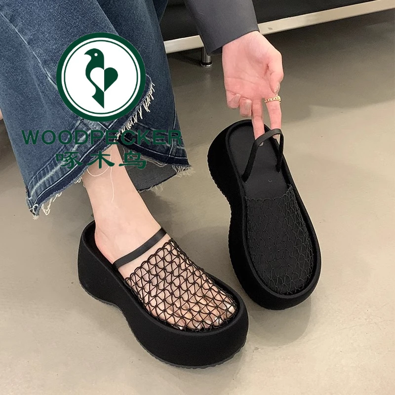 啄木鸟新款设计感网面镂空透气包头半拖厚底罗马松糕鞋凉拖女外穿