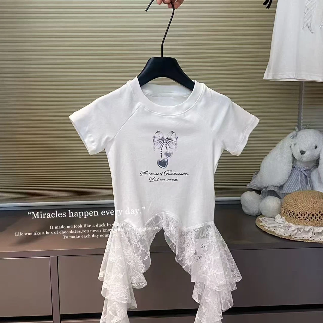 S0156儿童印花下摆蕾丝短袖T恤