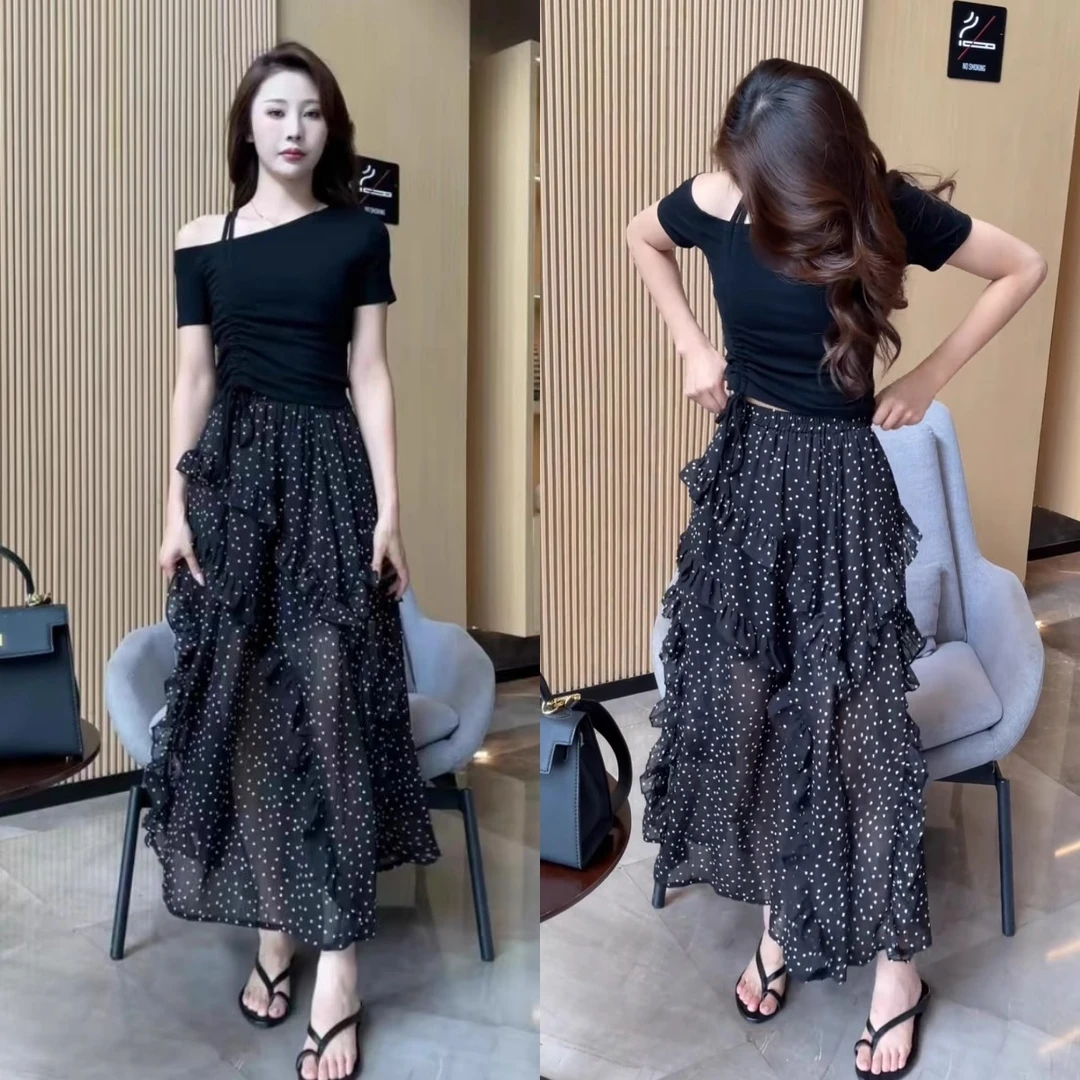拉夏贝尔夏季茶歇法式不规则荷叶边波点半身裙女气质显瘦两件套装