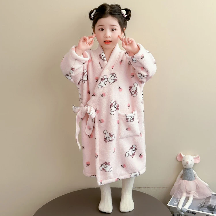 小公主女童睡袍秋冬季珊瑚绒儿童浴袍加厚保暖小女孩中长款家居袍
