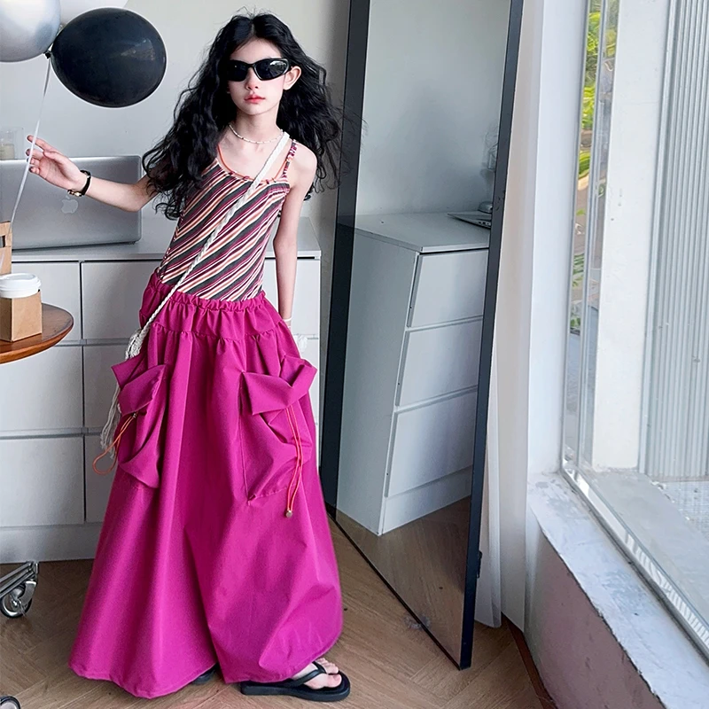 女童2025夏季新款条纹拼接设计假两件复古长款吊带连衣裙中大童潮