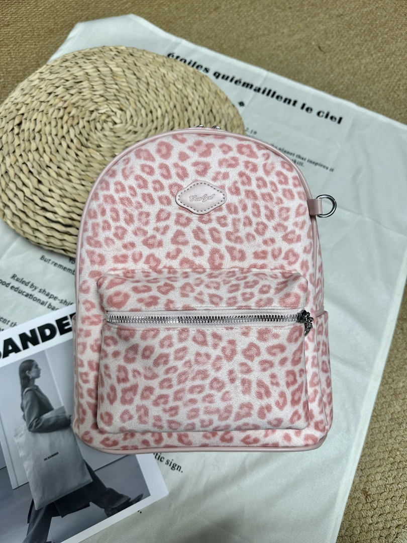 早秋甜美粉色豹纹双肩包大容量通勤百搭学生包麂皮绒质感高级百搭
