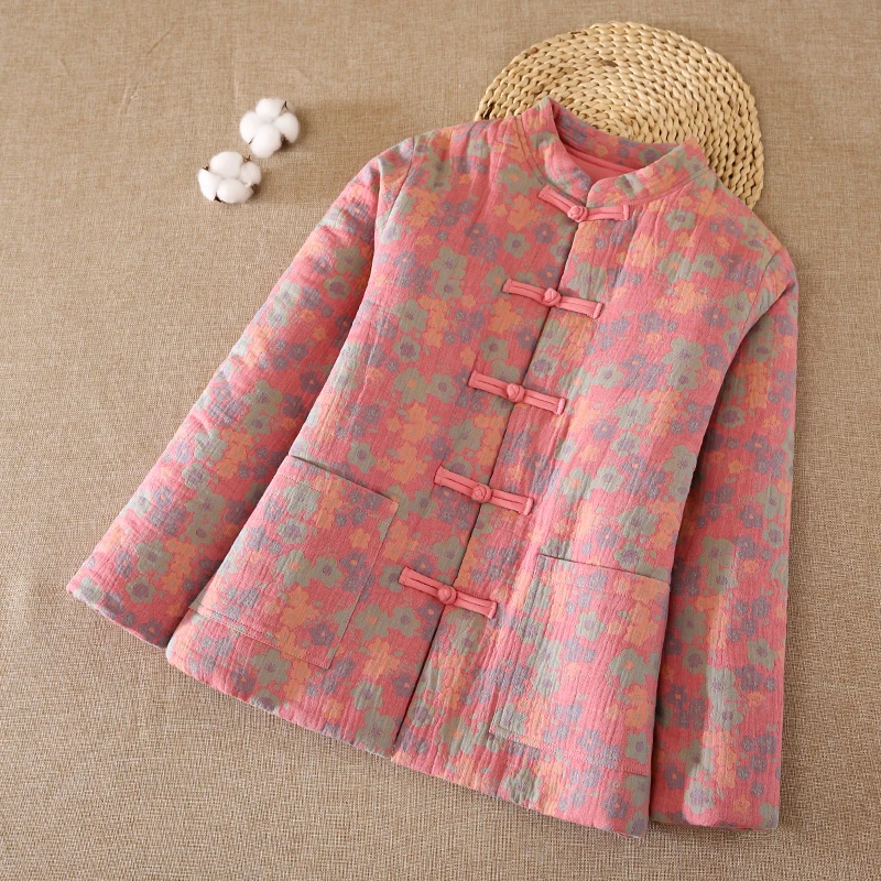 棉花新中式盘扣反季秋冬装女棉服中式复古文艺立领碎花小棉袄外套