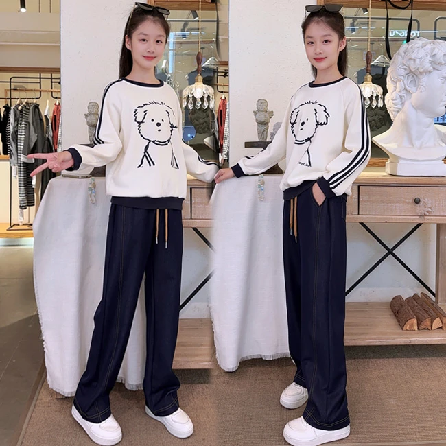 女童卫衣套装2025秋季新款韩版女大童学生休闲阔腿裤牛仔裤套装潮