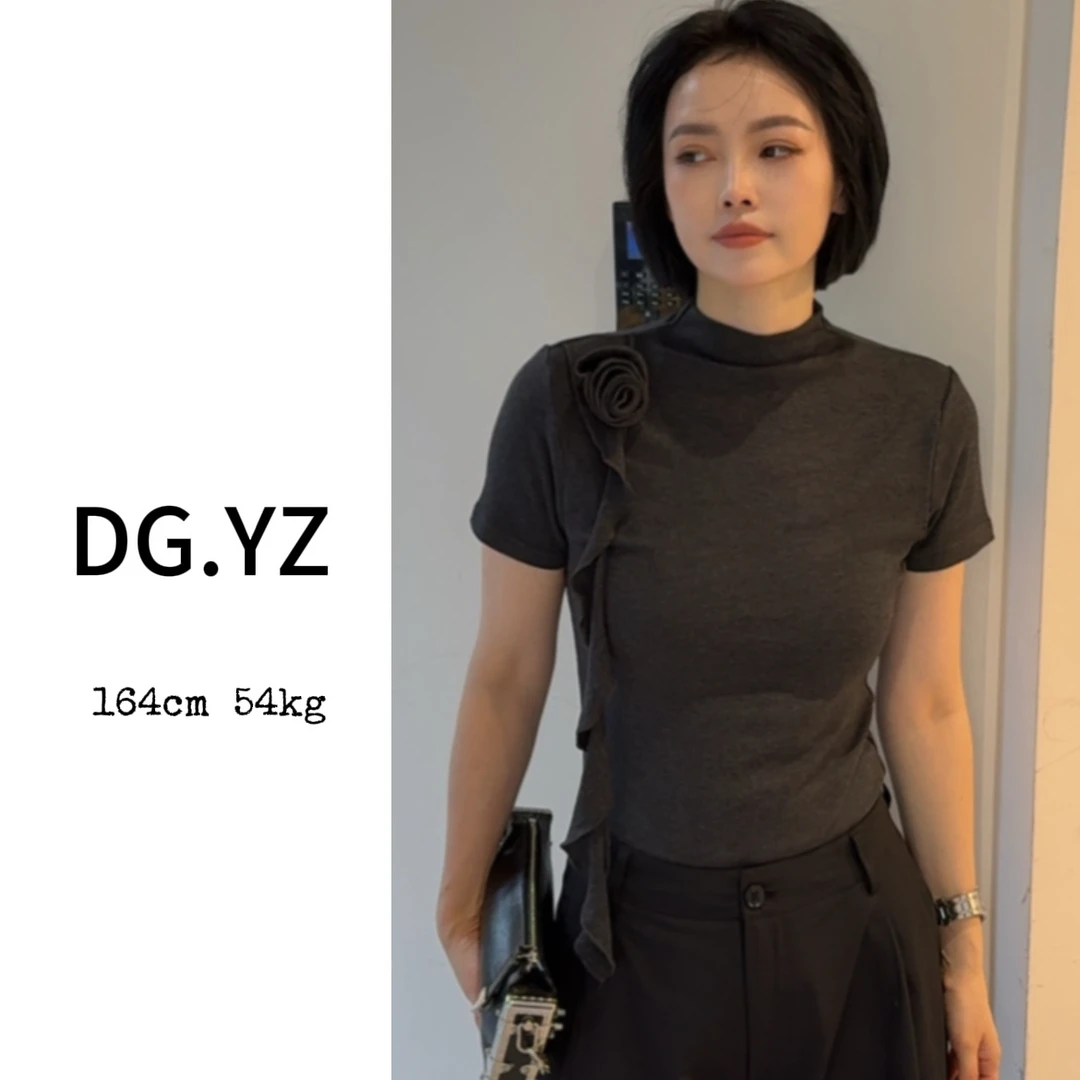 【樱子家】2860F新款侧边木耳边飘带立体花朵中领上衣