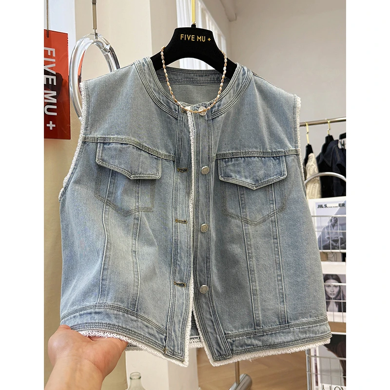 高级感韩系蕾丝花边水洗做旧短款牛仔马甲背心外套女夏季外穿上衣