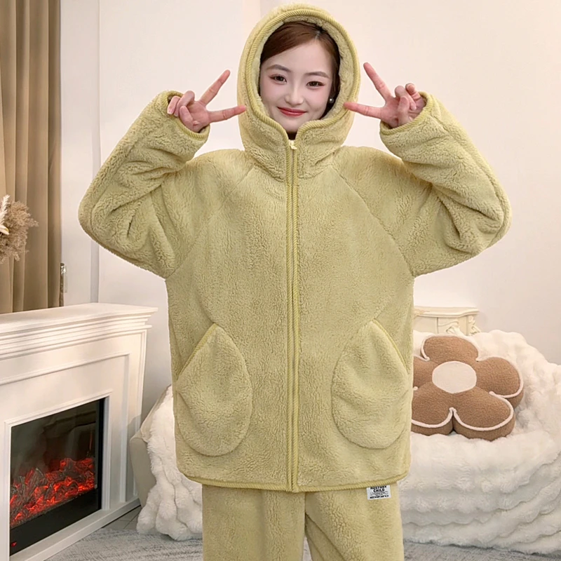 【慵懒舒适】毛绒连帽睡衣女秋冬天软糯居家法兰绒家居服睡衣两件套