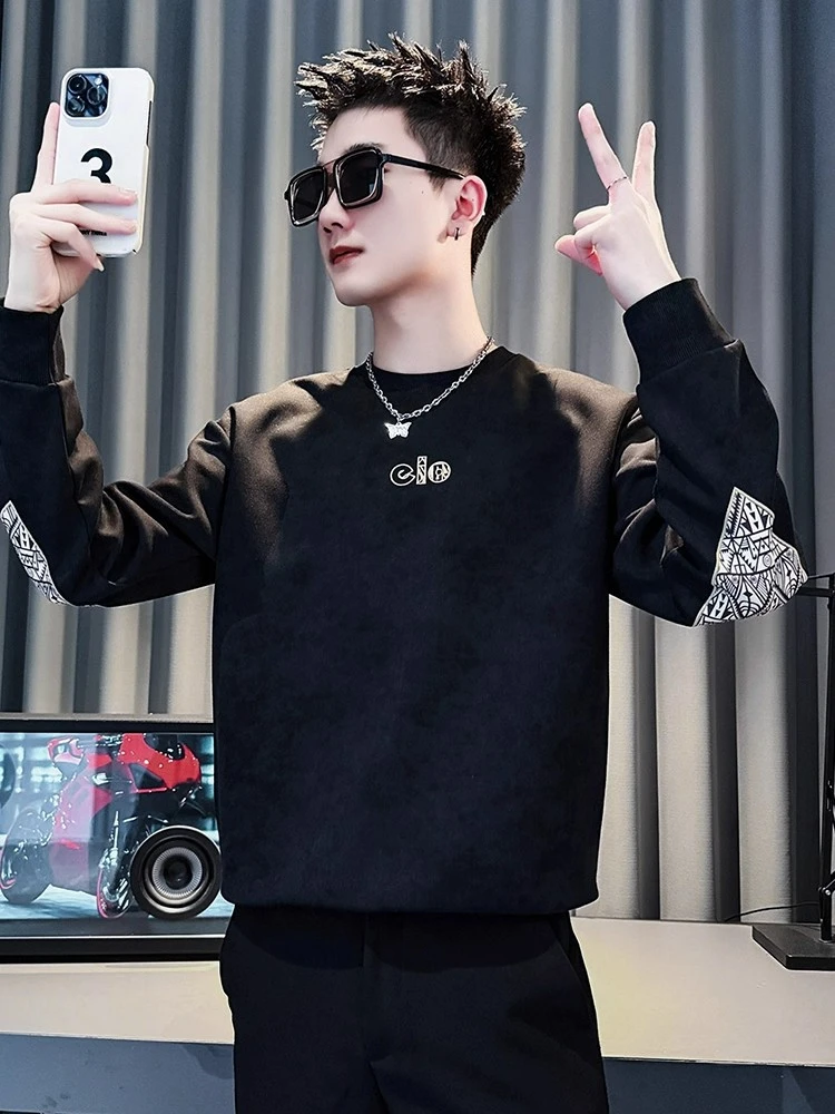 高级感卫衣男春秋季痞帅刺绣长袖T恤打底衫2025新款男装上衣外套