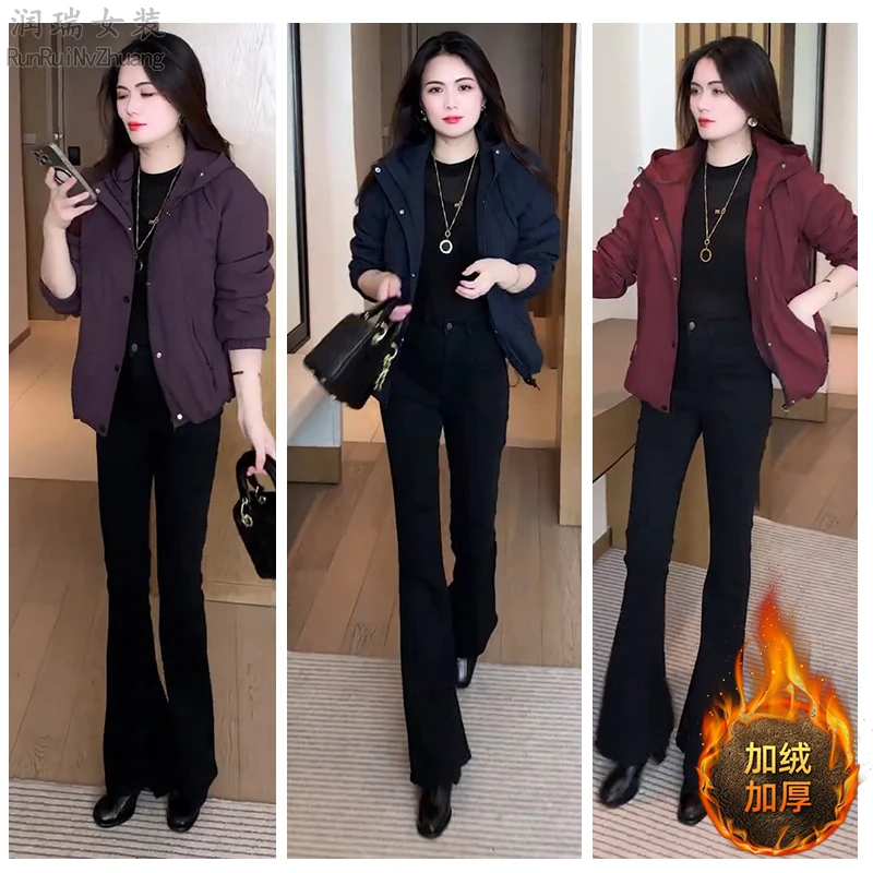 冬季连帽加绒宽松短外套女2025秋冬新款落肩袖小个子保暖短款夹克