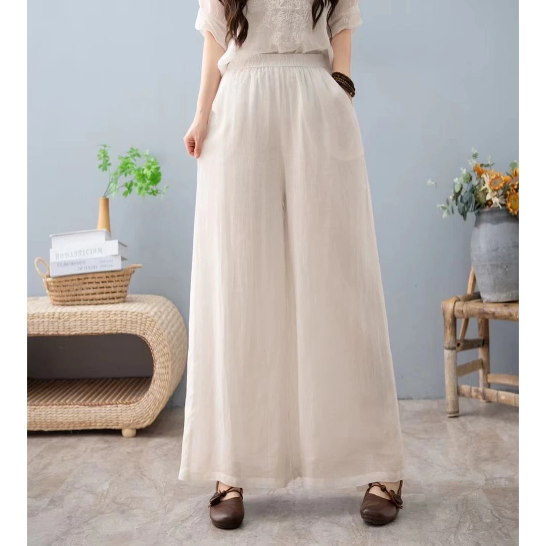 夏款苎麻双层阔腿裤高端纯色仙仙裤休闲裤复古宽松裤百搭松紧裤