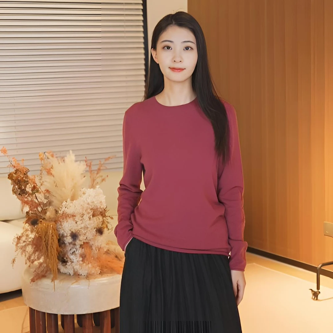 洪陵【春节福利款】【预售15天】女士圆领长袖纯山羊绒针织套衫7498