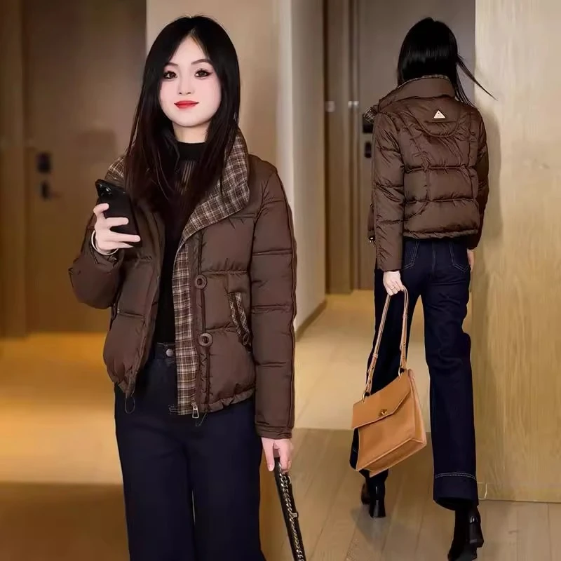 格纹拼接羽绒棉服女短款2024冬季新款修身显瘦小个子立领棉衣外套