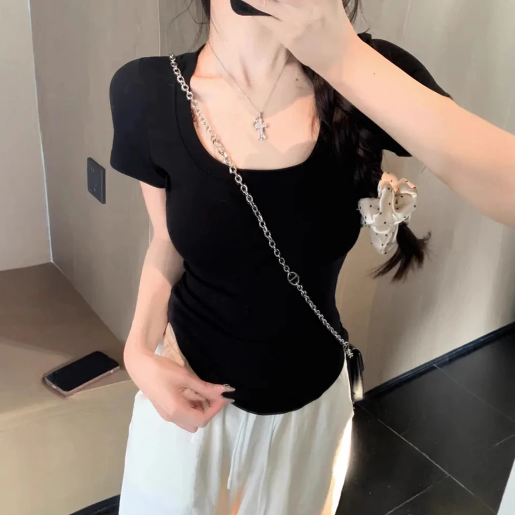 短袖T恤女正肩大U领低领百搭显瘦紧身收腰2025新款夏季上衣基础款