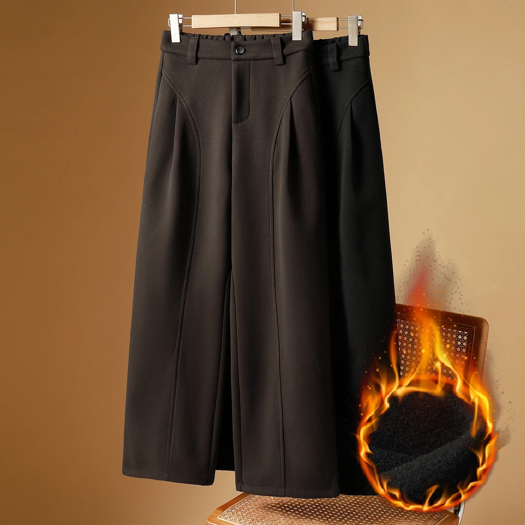 美拉德棕色毛呢阔腿弯刀裤子秋冬季2025新款加绒加厚梨形身材遮肉