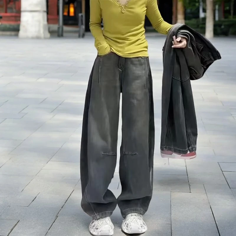 早秋高腰显瘦牛仔裤女款大码弯刀裤2025年休闲慵懒百搭阔腿裤