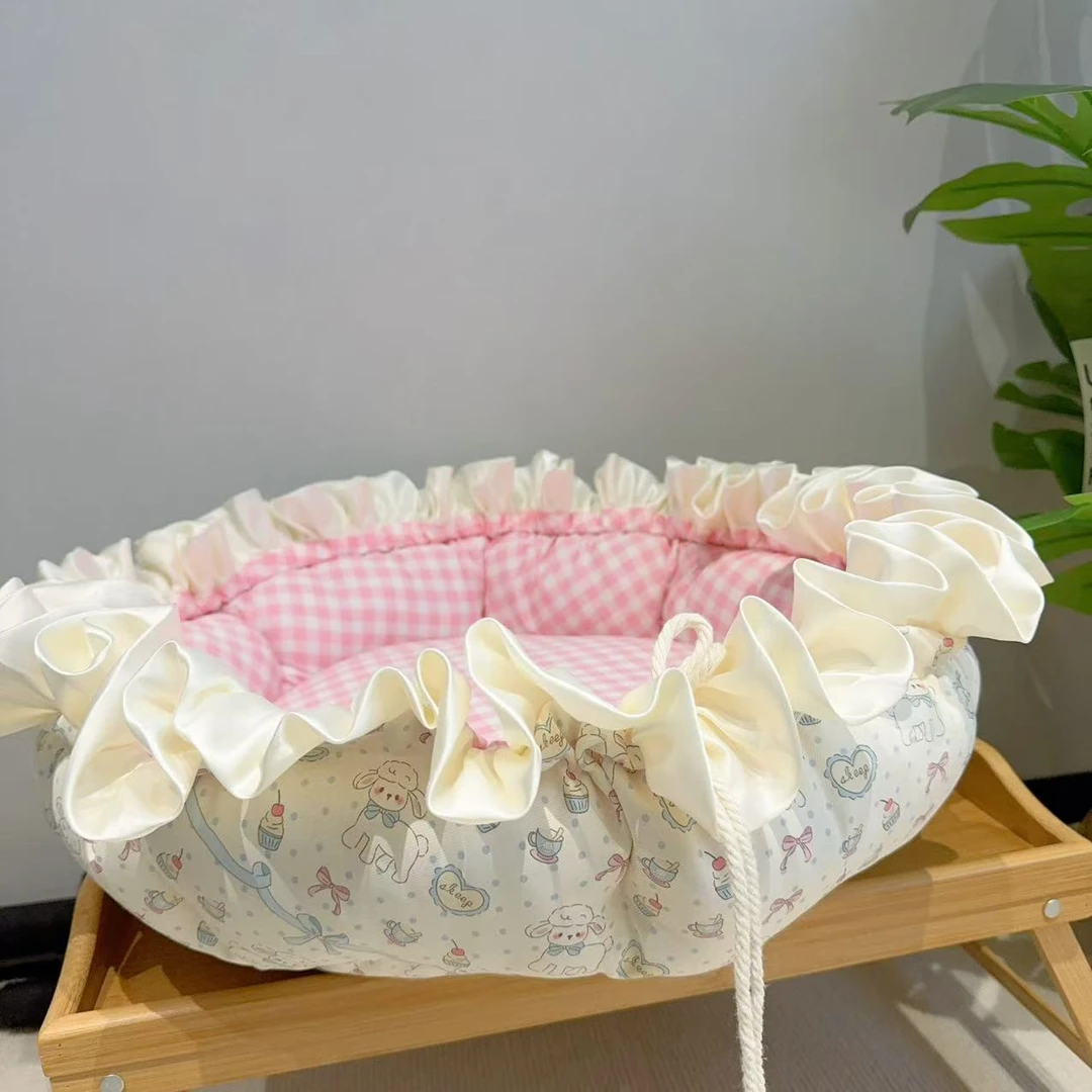 卡通圆形花边抽拉窝保暖舒适四季可用狗窝猫窝亲肤柔软